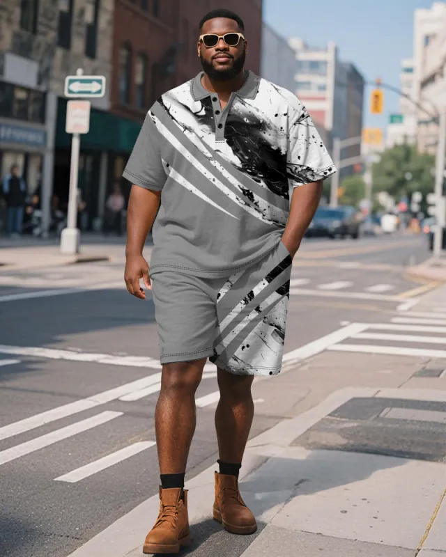 Big & Tall Men's Business Grey Geometric Ink Print Short Sleeve Polo Shirt Shorts Suit sold by Biggmans