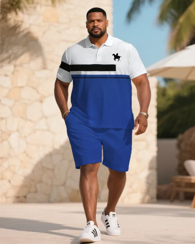 Men's large size Blue & White Colorblock Chest Pony Print Short-sleeved polo shorts set sold by Biggmans