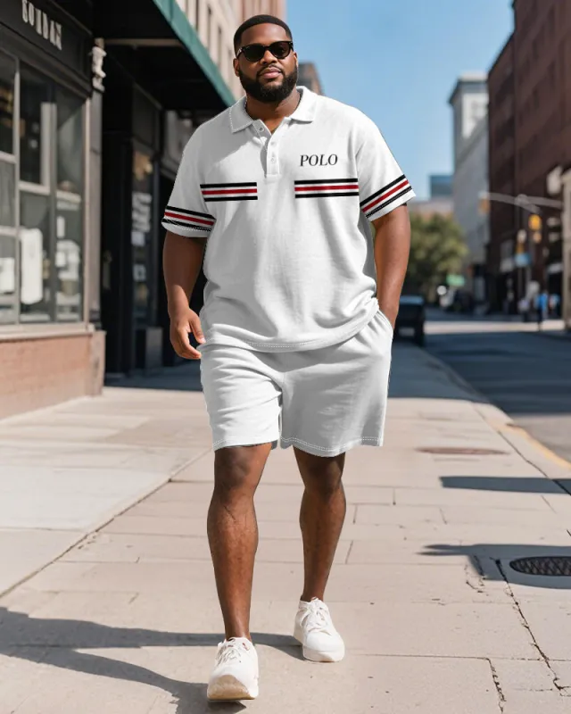 Men's Plus Size Daily White Stripe Alphabet Print Short Sleeve Polo Shirt Shorts Suit sold by Biggmans
