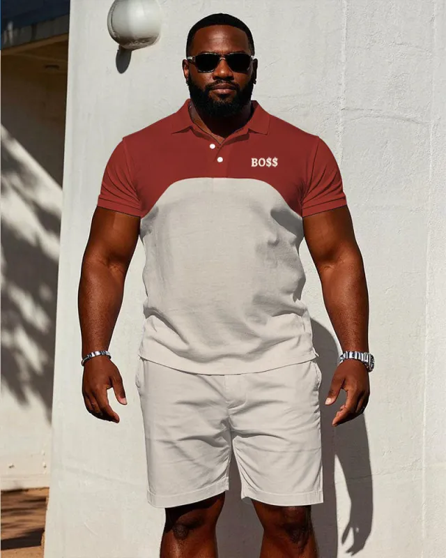 Men's large size Casual Vintage Red & Creamy-white Features Stitching Short-sleeved polo shorts set sold by Biggmans