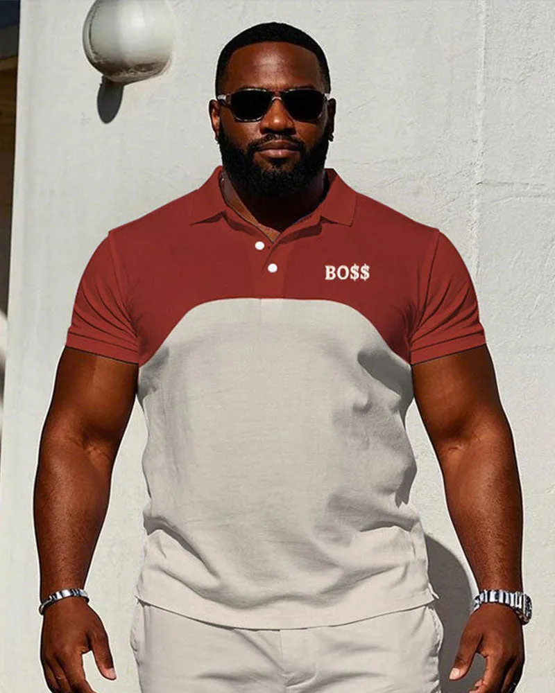 Men's large size Casual Vintage Red & Creamy-white Features Stitching Short-sleeved polo shorts set sold by Biggmans product image thumbnail 2