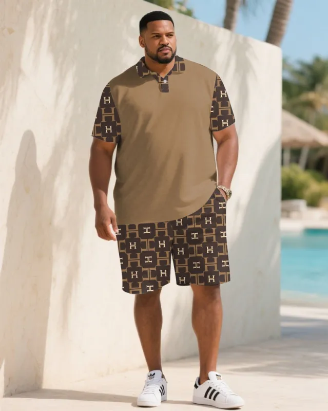 Big & Tall Men's Summer Khaki Big Brand Pattern Stitching Polo Short Sleeve Shirt Shorts Suit sold by Biggmans