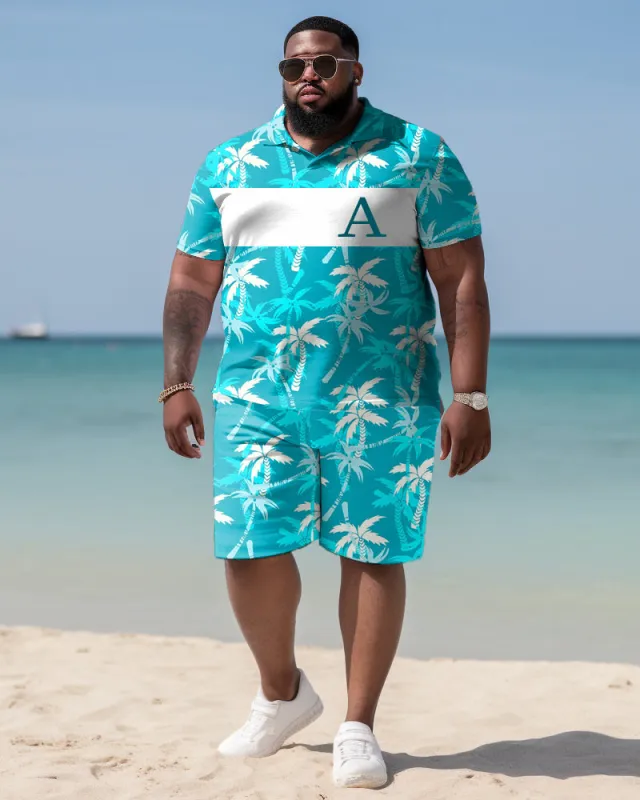 Men's Plus Size Hawaiian Tropical Plant Alphabet Print Polo Shirt Shorts Suit sold by Biggmans