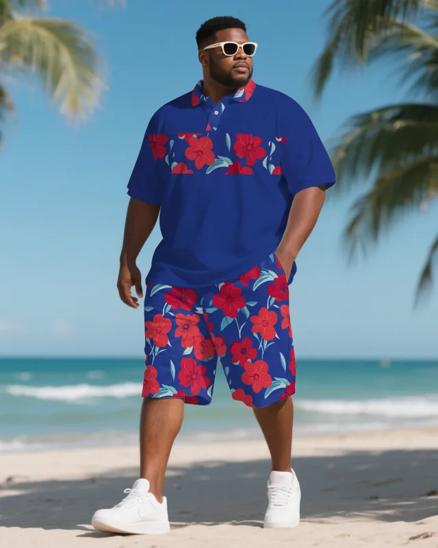 Men's Hawaiian Theme Rose Bold Printed Big & Tall Short Sleeve Polo Shirt Shorts Suit sold by Biggmans