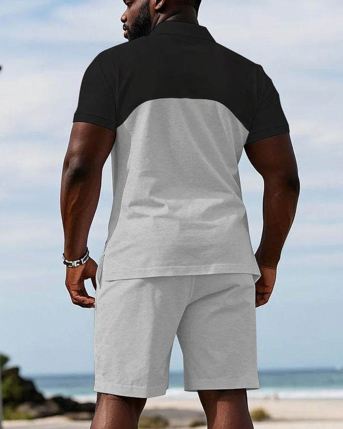 Men's Plus Size Classic Black & Light Melange Gray Design Patchwork Short Sleeve POLO Shorts Suit sold by Biggmans product image thumbnail 4