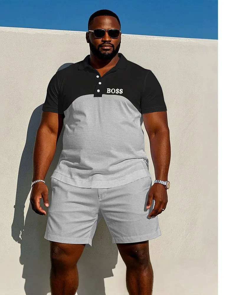 Men's Plus Size Classic Black & Light Melange Gray Design Patchwork Short Sleeve POLO Shorts Suit sold by Biggmans