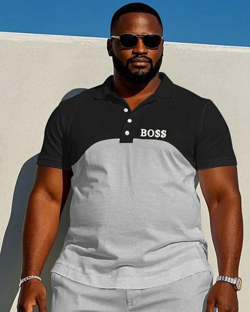 Men's Plus Size Classic Black & Light Melange Gray Design Patchwork Short Sleeve POLO Shorts Suit sold by Biggmans product image thumbnail 2