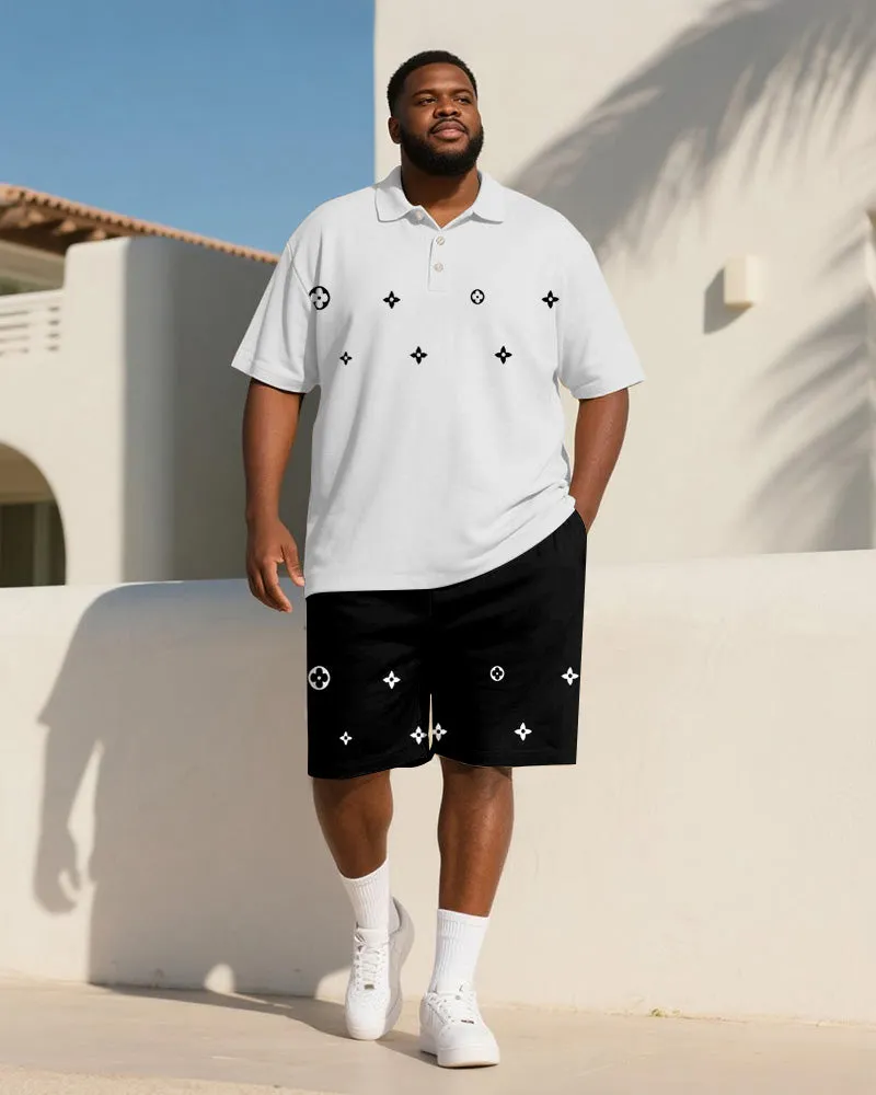 Big & Tall Men's Business Black And White Geometric Diamond Star Print Short Sleeve Polo Shirt Shorts Suit sold by Biggmans