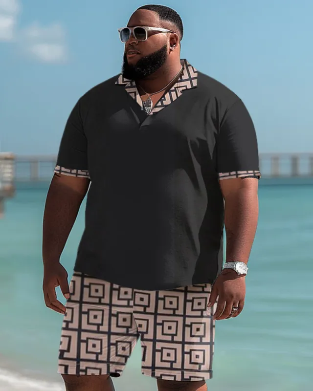 Big & Tall Men's Casual Simple Geometric Print Polo Shorts Set sold by Biggmans