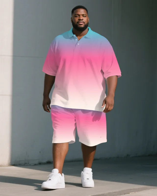 Big Men's Romantic Blue & Pink Gradient Short Sleeve Polo Shirt Shorts Suit sold by Biggmans