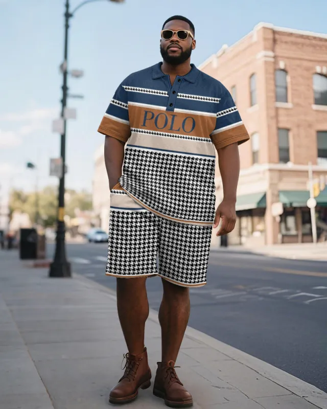 Men's Plus Size Daily Blue Houndstooth Patchwork Letter Print Short Sleeve Polo Shirt Shorts Suit sold by Biggmans