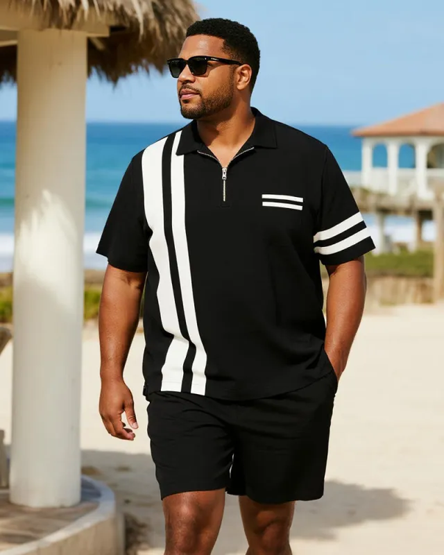 Big & Tall Men's Business Black Stripe Print Short Sleeve Zip Polo Shirt Shorts Suit sold by Biggmans