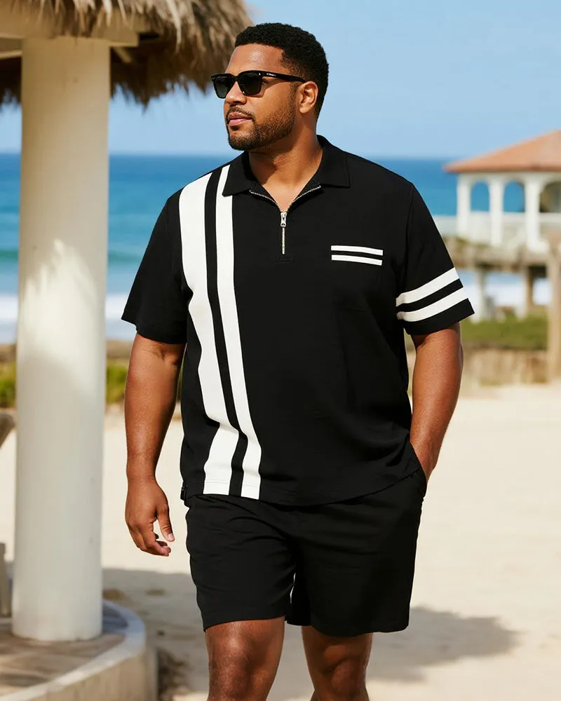 Big & Tall Men's Business Black Stripe Print Short Sleeve Zip Polo Shirt Shorts Suit sold by Biggmans