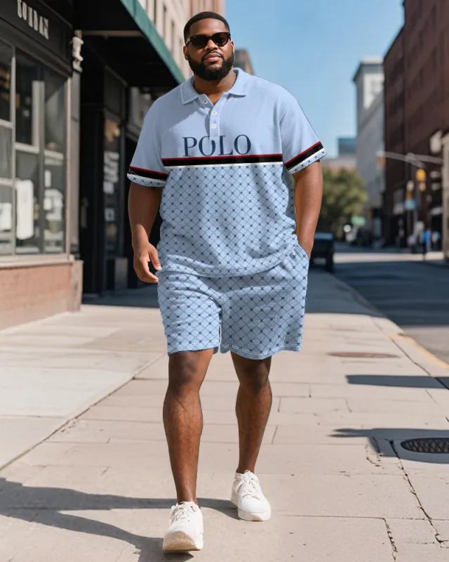 Men's Plus Size Daily Blue Patchwork Letter Print Short Sleeve Polo Shirt Shorts Suit sold by Biggmans