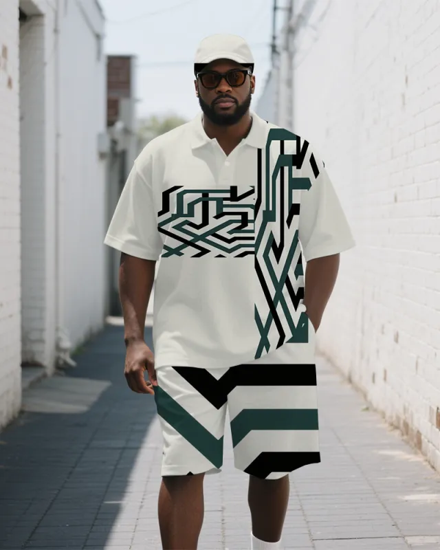 Big Men's Splicing Maze Simple Printed Casual Short-Sleeve Polo Shirt & Shorts Set sold by Biggmans