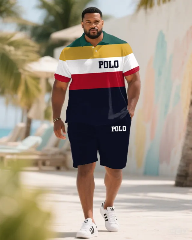 Big & Tall Men's Summer Multicolor Colorblock Chest Slogan Print Polo Short Sleeve Shirt Shorts Suit sold by Biggmans