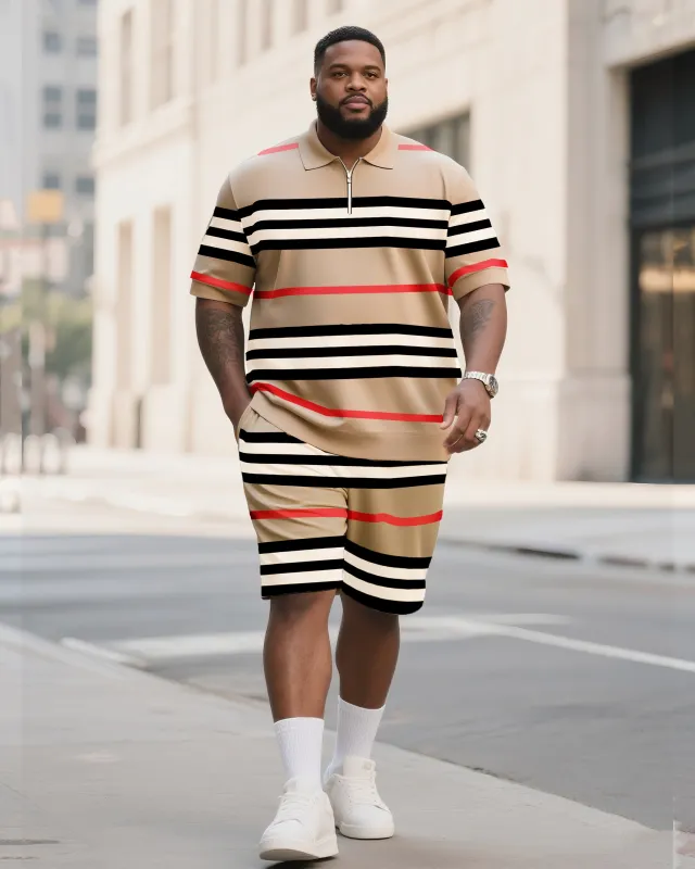 Big & Tall Men's Business Daily Casual Khaki Polo Shirt Retro Striped Short Sleeve Zipper Polo Shirt Shorts Suit sold by Biggmans