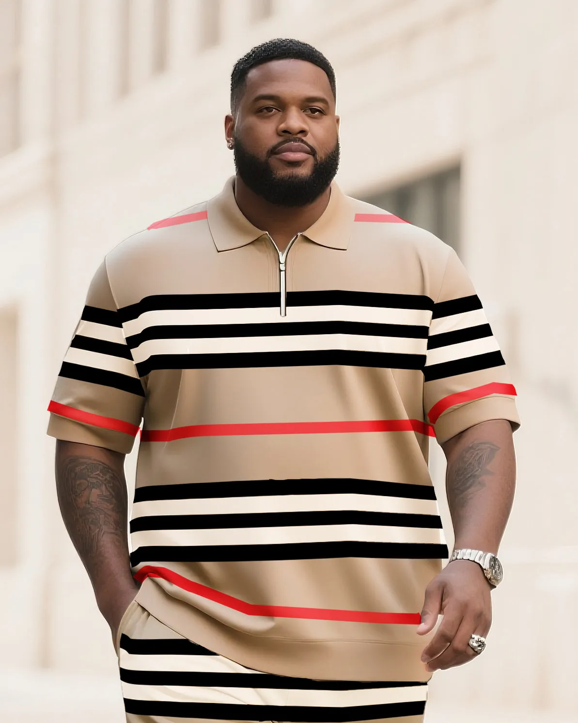 Big & Tall Men's Business Daily Casual Khaki Polo Shirt Retro Striped Short Sleeve Zipper Polo Shirt Shorts Suit sold by Biggmans product image thumbnail 2