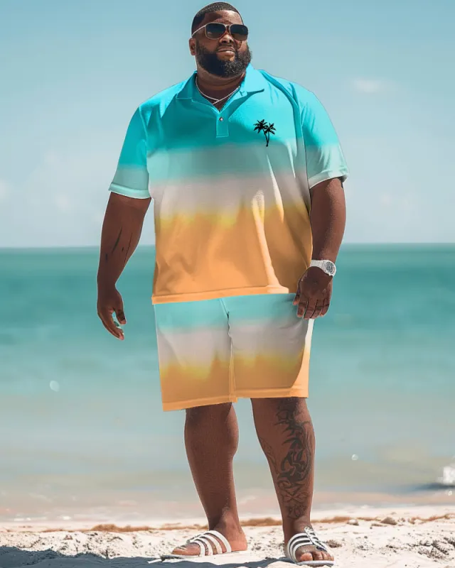 Big & Tall Men's Beach Gradient Coconut Tree Polo Shirt and Shorts Set sold by Biggmans