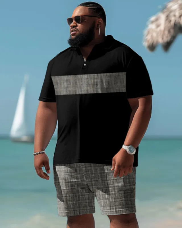 Men's Plus Size Casual Simple Stitching Plaid Print Polo Shorts Set sold by Biggmans