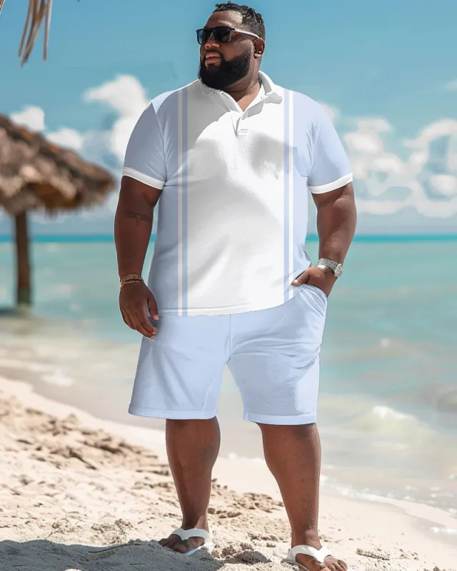 Big and Tall Guys Simple Light Blue Stripe Print Polo Shorts Set sold by Biggmans