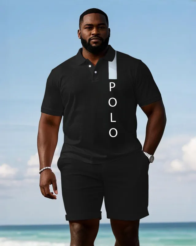 Men's large size Black Signature Shoulder Simple Print Short-sleeved polo shorts set sold by Biggmans
