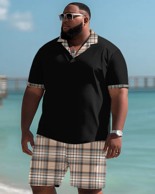 Big Men's Casual Simple Plaid Polo Shorts Set made by Biggmans