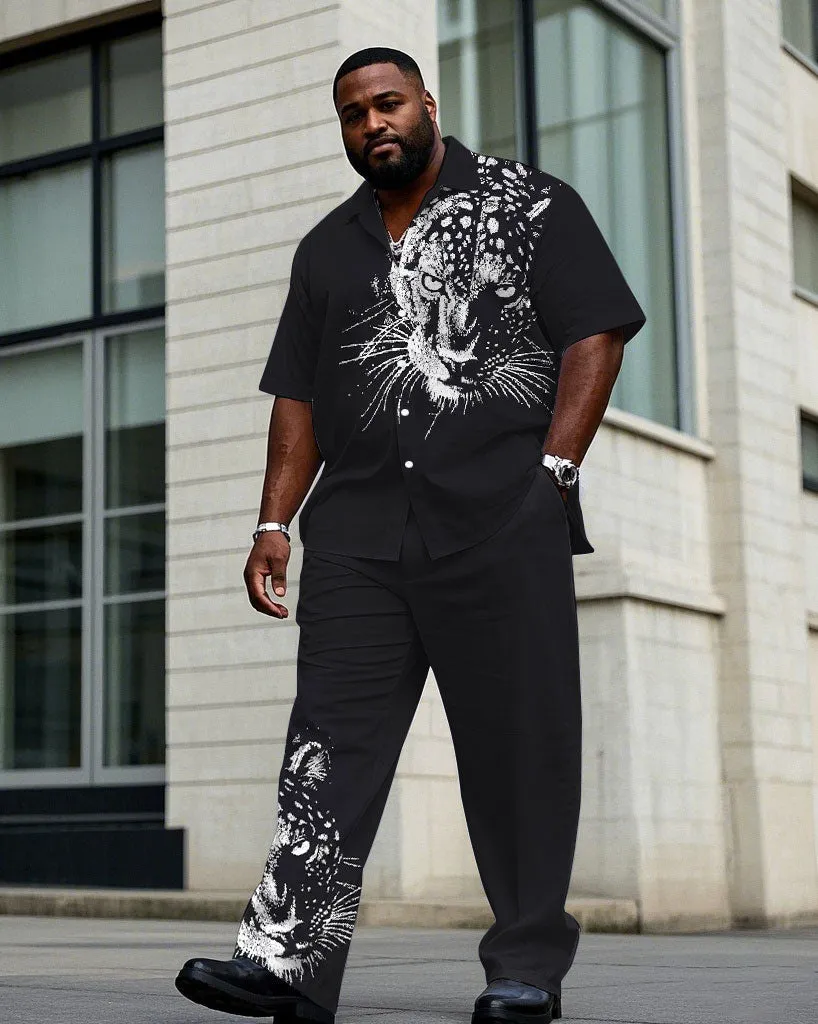 Men's Plus Size Black Purple Shoulder 3D Leopard Print Short Sleeve Shirt Trousers Suit sold by Biggmans