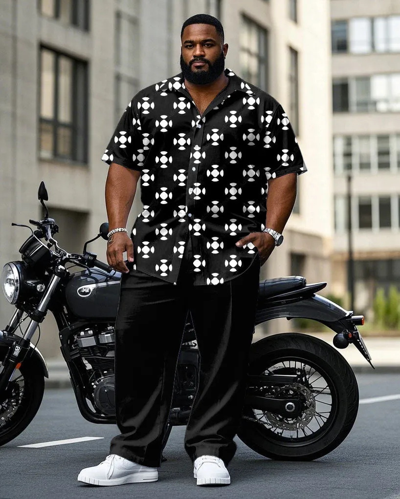 Men's Plus Size Business Black Geometric Arrangement Printing Daily Casual Short Sleeve Shirt Trousers Suit sold by Biggmans
