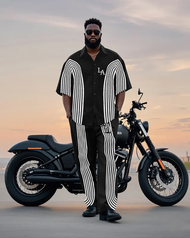 Big Man's Motorcycle Style/nightclub Striped Color Block Printed Short Sleeve Shirt Trousers Suit sold by Biggmans