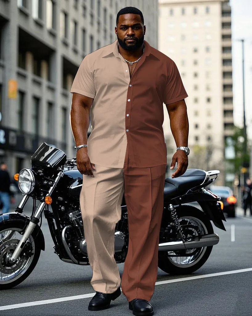 Men's Plus Size Casual & Khaki & Brown Colorblock Short Sleeve Shirt Trousers Suit sold by Biggmans