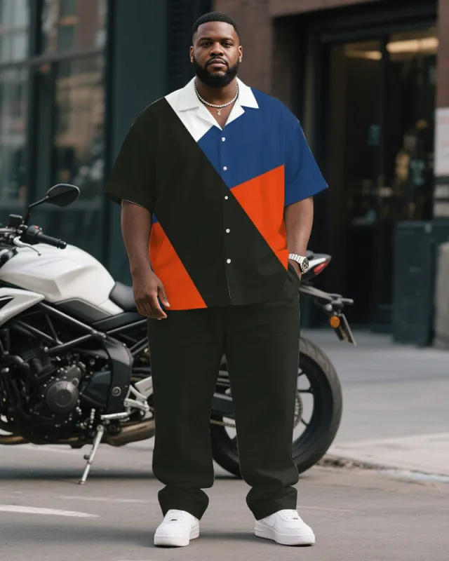 Men's Plus Size Business Blue Red Color Block Striped Geometric Print Short Sleeve Shirt Trousers Suit sold by Biggmans