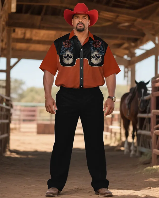 Western Denim-Men's Plus Size Black & Red Skull Flower Print Short Sleeve Shirt Trousers Suit sold by Biggmans