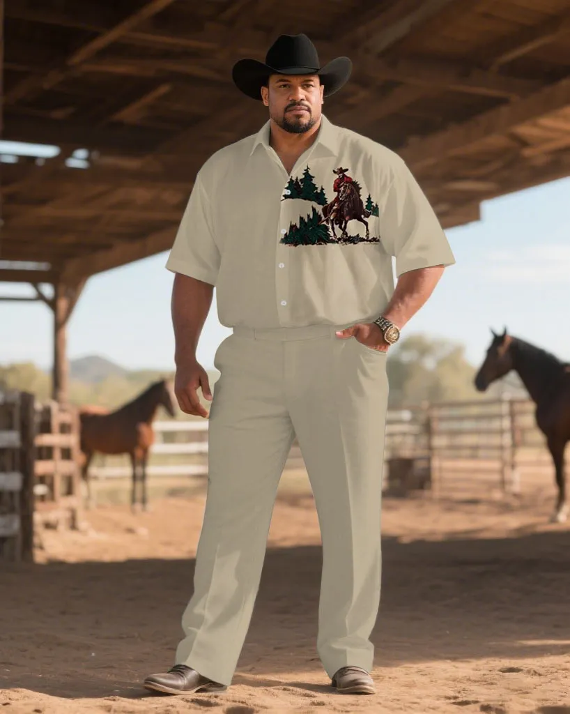 Western Denim-men's Plus Size Khaki Western Horse Farm Chest Print Short Sleeve Shirt Trousers Suit sold by Biggmans