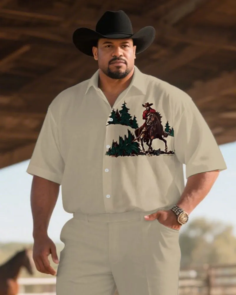 Western Denim-men's Plus Size Khaki Western Horse Farm Chest Print Short Sleeve Shirt Trousers Suit sold by Biggmans product image thumbnail 2