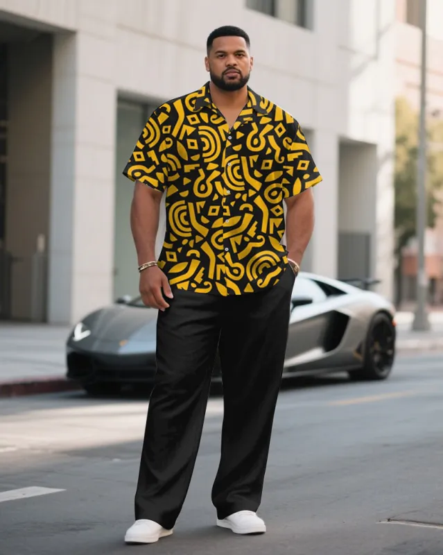 Men's Plus Size Black & Yellow Irregular Geometric Arrangement Short Sleeve Shirt Pants Suit sold by Biggmans