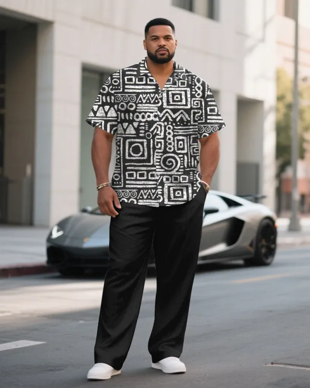 Men's Plus Size Retro Ethnic Pattern Black Short Sleeve Shirt Pants Suit sold by Biggmans