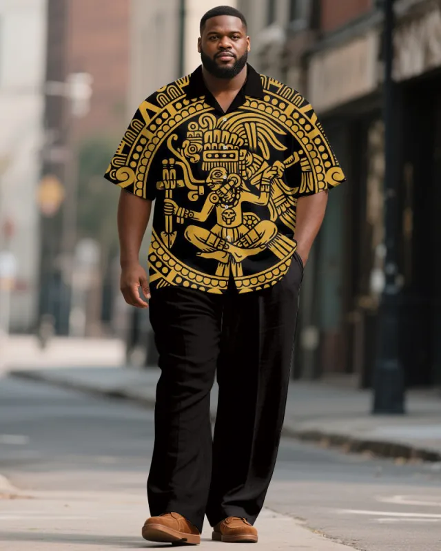 Men's Plus Size Black And Yellow Aztec Ethnic Style Printed Short Sleeve Shirt Trousers Suit sold by Biggmans
