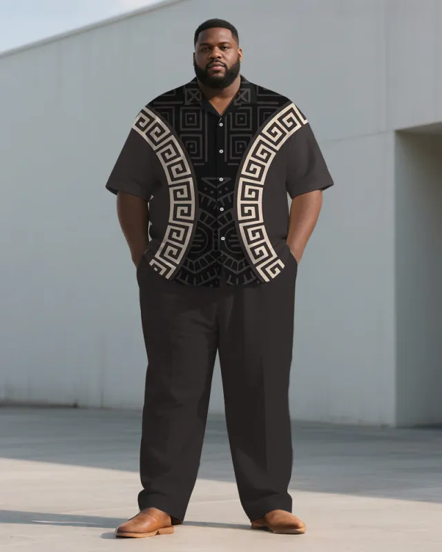 Men's Plus Size Brown Geometric Print Short Sleeve Shirt Trousers Suit sold by Biggmans