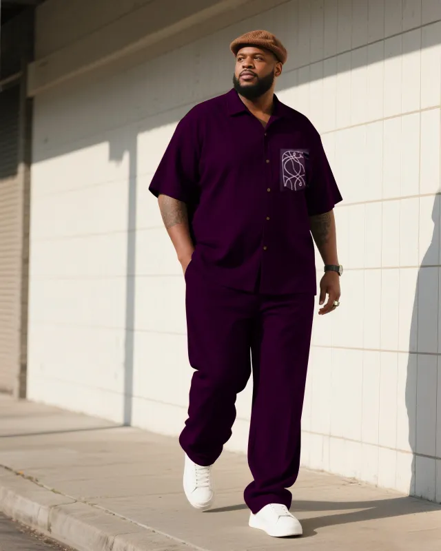 Big Boy Summer Bordeaux Red Vintage Creative Pocket Printed Short Sleeve Shirt Trousers Suit sold by Biggmans