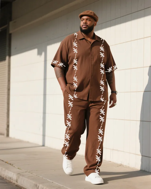 Big Boy Daily Casual Brown Simple Flower Short Sleeve Shirt Trousers Suit sold by Biggmans