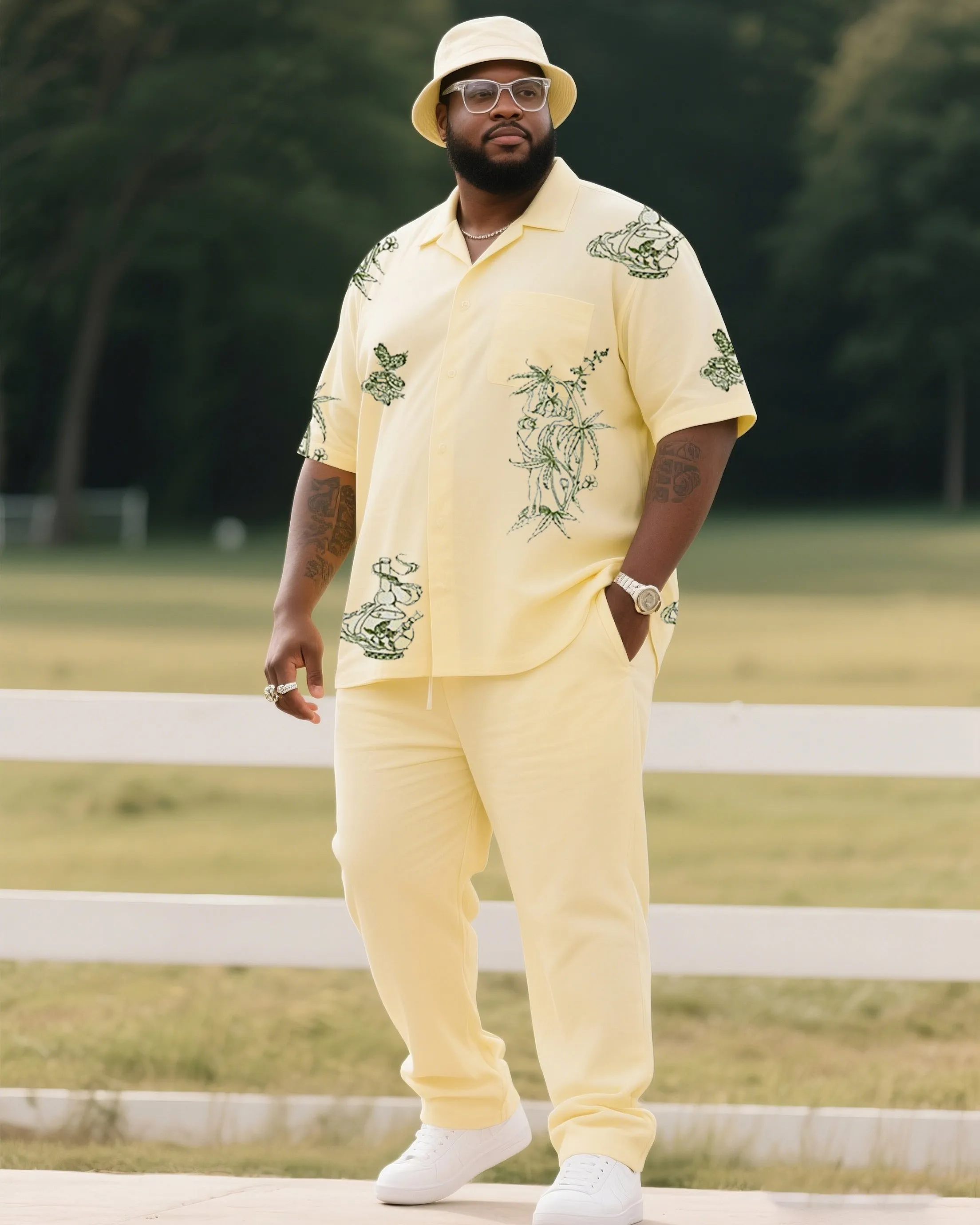 Big Boy Daily Casual Light Yellow Simple Flower Short Sleeve Shirt Trousers Suit sold by Biggmans