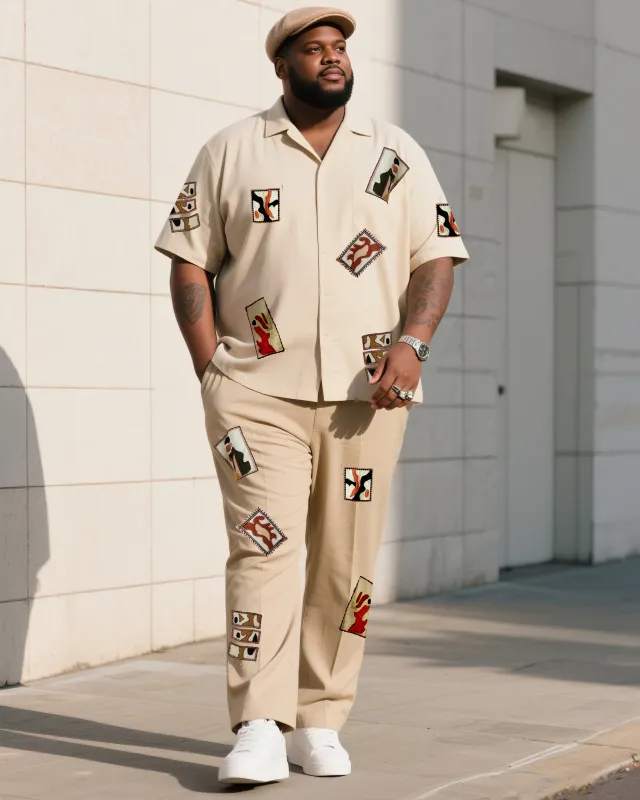Big Boy Daily Casual Retro Apricot Creative Square Print Short Sleeve Shirt Trousers Suit sold by Biggmans