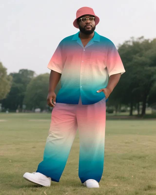 Big Men's Romantic Pink Gradient Style Button-up Short-Sleeve Shirt Pants 2-piece Sets sold by Biggmans