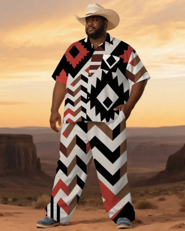 Big Men's Classic Geometric Pattern Western Style Casul Short-Sleeve Shirt Pants Sets sold by Biggmans