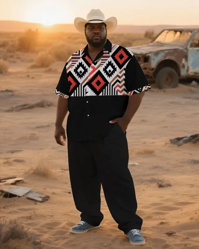 Big Guy's Western Theme Ethnic Pattern Printed Casual Outdoor Short-Sleeve Shirt Pants Sets sold by Biggmans