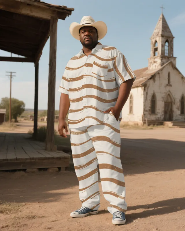 Big and Tall Men's Simple Stripes Printed Western Short-Sleeve Shirt Pants Sets sold by Biggmans