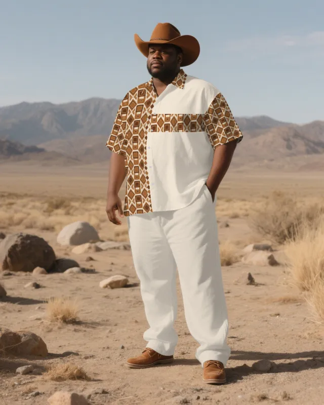 Big Men's Classic Geometric Splicing Pattern Western Theme Casual Short-Sleeve Shirt Trouser Sets sold by Biggmans