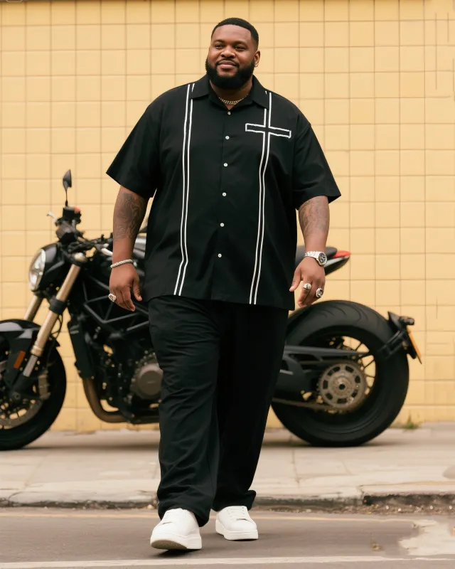 Big Boy Cross Stripe Short Sleeve Black Shirt Trousers Suit sold by Biggmans