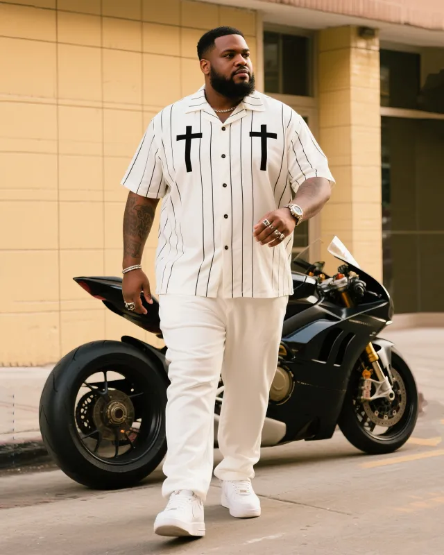 Big Boy Faith Striped Cross White Short Sleeve Shirt Trousers Suit sold by Biggmans